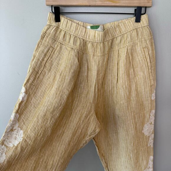 Anthropologie 100% Linen Yellow Stripe Floral Embroidered Pants Sz Sml Boho - Picture 6 of 15